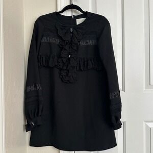 KARTA Black Ruffle‎ Bib Mini Dress - Victorian Lace & Satin Details - Size S